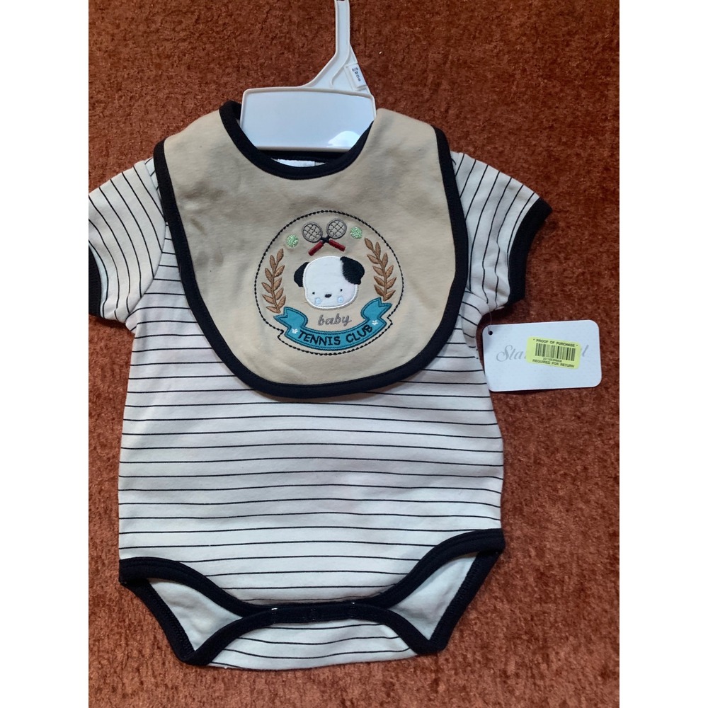 Starting Out Baby Tennis Club Bodysuit and Bib Set Cream Black Striped 0-3M NWT